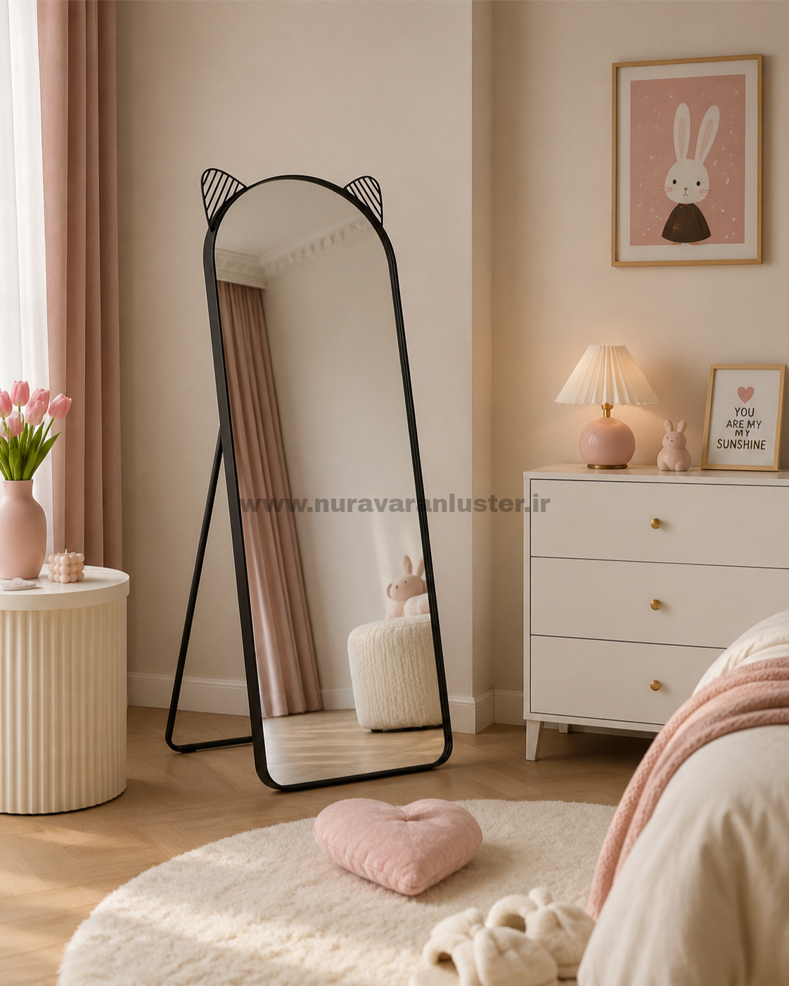 آینه قدی فانتزی گوش گربه‌ای فلزی مدرن مناسب اتاق خواب، اتاق کودک و دکوراسیون مینیمال